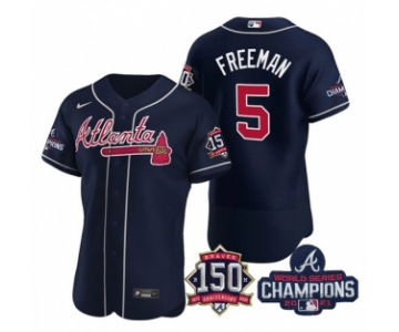 Men's Navy Atlanta Braves #5 Freddie Freeman 2021 World Series Champions With 150th Anniversary Flex Base Stitched Jersey