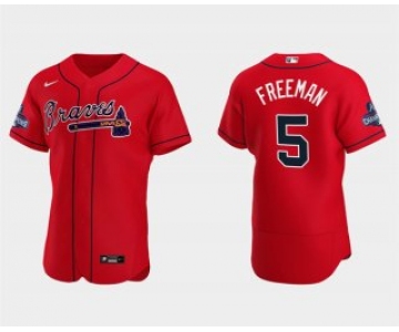 Men's Red Atlanta Braves #5 Freddie Freeman 2021 World Series Champions Flex Base Stitched Jersey