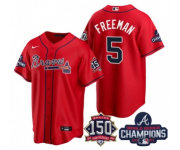 Men's Red Atlanta Braves #5 Freddie Freeman 2021 World Series Champions With 150th Anniversary Patch Cool Base Stitched Jersey
