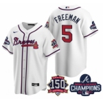 Men's White Atlanta Braves #5 Freddie Freeman 2021 World Series Champions With 150th Anniversary Patch Cool Base Stitched Jersey