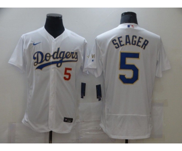 Men Los Angeles Dodgers 5 Swager Champion of white gold and blue characters Elite 2021 Nike MLB Jersey