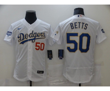 Men Los Angeles Dodgers 50 Betts Champion of white gold and blue characters Elite 2021 Nike MLB Jersey