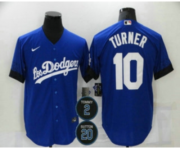 Men's Los Angeles Dodgers #10 Justin Turner Blue #2 #20 Patch City Connect Cool Base Stitched Jersey