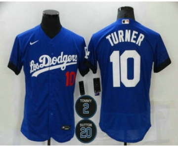 Men's Los Angeles Dodgers #10 Justin Turner Blue #2 #20 Patch City Connect Flex Base Stitched Jersey