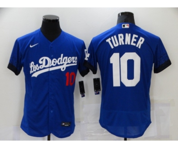 Men's Los Angeles Dodgers #10 Justin Turner Blue 2021 City Connect Flex Base Stitched Jersey