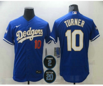 Men's Los Angeles Dodgers #10 Justin Turner Blue Gold #2 #20 Patch Stitched MLB Flex Base Nike Jersey