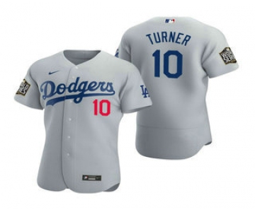 Men's Los Angeles Dodgers #10 Justin Turner Gray 2020 World Series Authentic Flex Nike Jersey