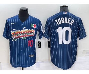 Mens Los Angeles Dodgers #10 Justin Turner Number Rainbow Blue Red Pinstripe Mexico Cool Base Nike Jersey