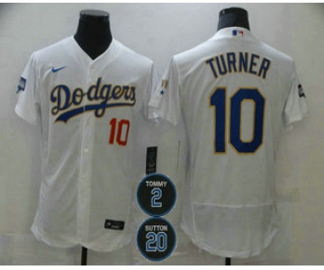 Men's Los Angeles Dodgers #10 Justin Turner White Gold #2 #20 Patch Stitched MLB Flex Base Nike Jersey