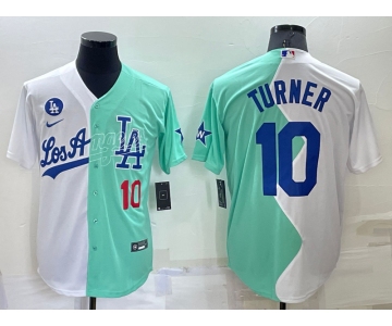 Men's Los Angeles Dodgers #10 Justin Turner White Green Number 2022 Celebrity Softball Game Cool Base Jersey1