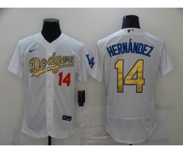 Men's Los Angeles Dodgers #14 Enrique Hernandez White Gold Sttiched Nike MLB Flex Base Jersey