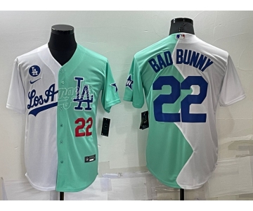 Men's Los Angeles Dodgers #22 Bad Bunny White Green Number 2022 Celebrity Softball Game Cool Base Jersey