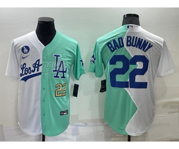 Men's Los Angeles Dodgers #22 Bad Bunny White Green Number 2022 Celebrity Softball Game Cool Base Jerseys