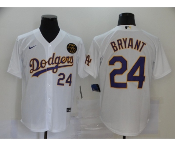 Men's Los Angeles Dodgers #24 Kobe Bryant White With Purple Name KB Patch Stitched MLB Cool Base Nike Jersey