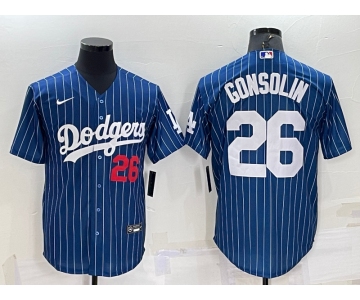 Men's Los Angeles Dodgers #26 Tony Gonsolin Number Red Navy Blue Pinstripe Stitched MLB Cool Base Nike Jersey