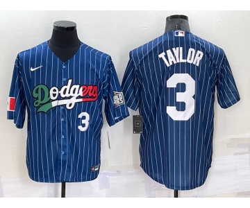 Men's Los Angeles Dodgers #3 Chris Taylor Number Navy Blue Pinstripe 2020 World Series Cool Base Nike Jersey