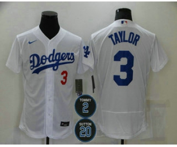 Men's Los Angeles Dodgers #3 Chris Taylor White#2 #20 Patch Stitched MLB Flex Base Nike Jersey