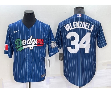 Men's Los Angeles Dodgers #34 Fernando Valenzuela Navy Blue Pinstripe 2020 World Series Cool Base Nike Jersey