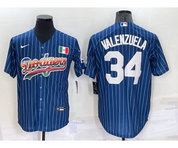 Men's Los Angeles Dodgers #34 Fernando Valenzuela Rainbow Blue Red Pinstripe Mexico Cool Base Nike Jersey