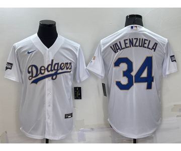 Men's Los Angeles Dodgers #34 Fernando Valenzuela White Gold Championship Stitched MLB Cool Base Nike Jersey