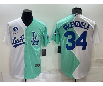 Men's Los Angeles Dodgers #34 Fernando Valenzuela White Green Two Tone 2022 Celebrity Softball Game Cool Base Jersey