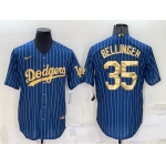 Men's Los Angeles Dodgers #35 Cody Bellinger Navy Blue Gold Pinstripe Stitched MLB Cool Base Nike Jersey