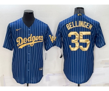 Men's Los Angeles Dodgers #35 Cody Bellinger Navy Blue Gold Pinstripe Stitched MLB Cool Base Nike Jersey