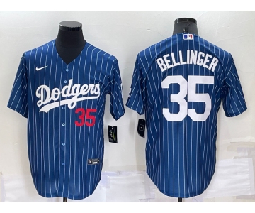 Men's Los Angeles Dodgers #35 Cody Bellinger Number Red Navy Blue Pinstripe Stitched MLB Cool Base Nike Jersey