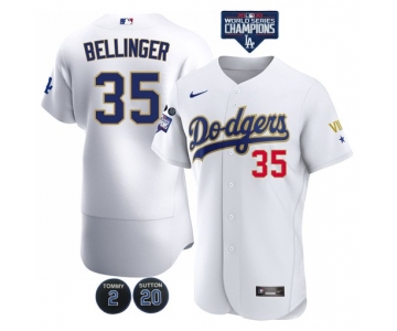 Men's Los Angeles Dodgers #35 Cody Bellinger White Gold Championship Flex Base Sttiched MLB Jersey