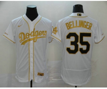 Men's Los Angeles Dodgers #35 Cody Bellinger White With Gold Stitched MLB Flex Base Nike Jersey