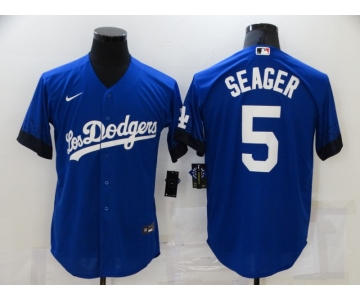 Men's Los Angeles Dodgers #5 Corey Seager Blue 2021 City Connect Cool Base Stitched Jersey