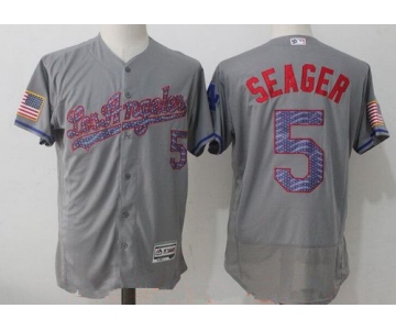 Men's Los Angeles Dodgers #5 Corey Seager Gray 2017 Independence Stars & Stripes Stitched MLB Majestic Flex Base Jersey