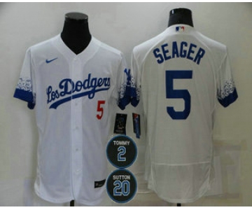 Men's Los Angeles Dodgers #5 Corey Seager White #2 #20 Patch City Connect Flex Base Stitched Jersey