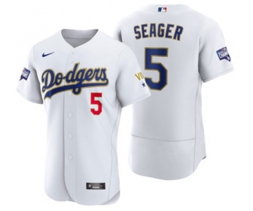 Men's Los Angeles Dodgers #5 Corey Seager White Gold Championship Flex Base Sttiched MLB Jersey