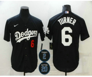 Men's Los Angeles Dodgers #6 Trea Turner Black #2 #20 Patch Stitched Number MLB Cool Base Nike Jersey