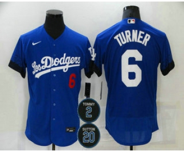 Men's Los Angeles Dodgers #6 Trea Turner Blue #2 #20 Patch City Connect Flex Base Stitched Jersey