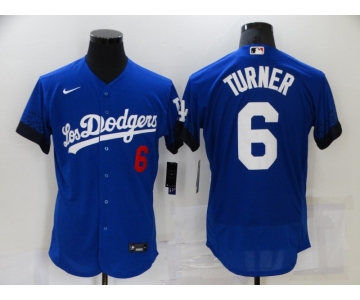 Men's Los Angeles Dodgers #6 Trea Turner Blue 2021 City Connect Flex Base Stitched Jersey