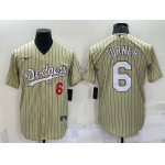 Men's Los Angeles Dodgers #6 Trea Turner Number Cream Pinstripe Stitched MLB Cool Base Nike Jersey