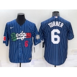 Mens Los Angeles Dodgers #6 Trea Turner Number Navy Blue Pinstripe 2020 World Series Cool Base Nike Jersey