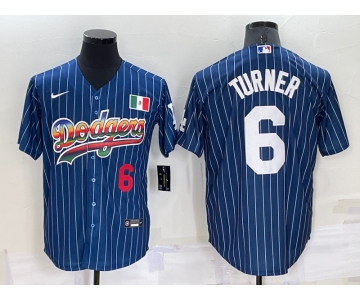 Mens Los Angeles Dodgers #6 Trea Turner Number Rainbow Blue Red Pinstripe Mexico Cool Base Nike Jersey