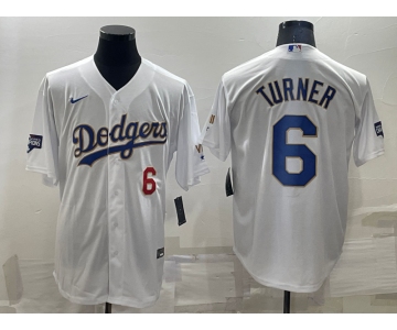 Men's Los Angeles Dodgers #6 Trea Turner Number White Gold Championship Stitched MLB Cool Base Nike Jersey