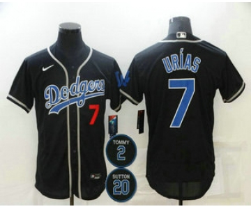 Men's Los Angeles Dodgers #7 Julio Urias Black Blue #2 #20 Patch Stitched MLB Flex Base Nike Jersey