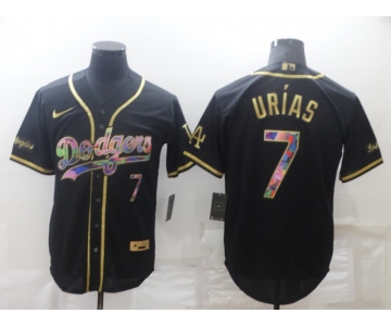 Men's Los Angeles Dodgers #7 Julio Urias Black Iridescent Logo Stitched MLB Cool Base Nike Jersey