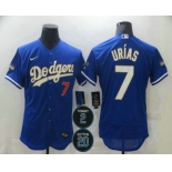 Men's Los Angeles Dodgers #7 Julio Urias Blue Gold #2 #20 Patch Stitched MLB Flex Base Nike Jersey