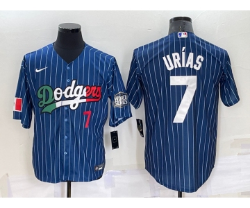 Mens Los Angeles Dodgers #7 Julio Urias Number Navy Blue Pinstripe 2020 World Series Cool Base Nike Jersey