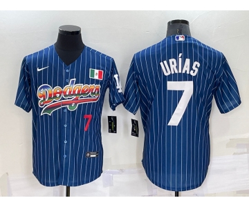 Men's Los Angeles Dodgers #7 Julio Urias Number Rainbow Blue Red Pinstripe Mexico Cool Base Nike Jersey