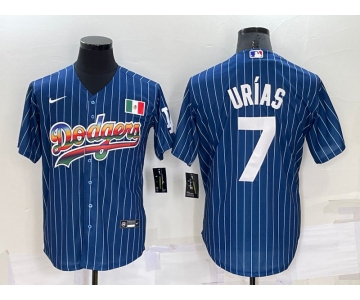 Men's Los Angeles Dodgers #7 Julio Urias Rainbow Navy Blue Pinstripe Mexico Cool Base Nike Jersey