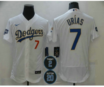 Men's Los Angeles Dodgers #7 Julio Urias White Gold #2 #20 Patch Stitched MLB Flex Base Nike Jersey