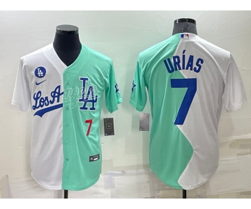 Mens Los Angeles Dodgers #7 Julio Urias White Green Number 2022 Celebrity Softball Game Cool Base Jersey