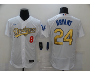 Men's Los Angeles Dodgers #8 #24 Kobe Bryant White Gold Sttiched Nike MLB Flex Base Jersey